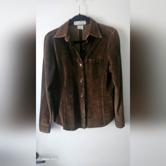 Saks Fifth Avenue Brown Leather Jacket with Structured Shoulders - Picture 1 of 6
